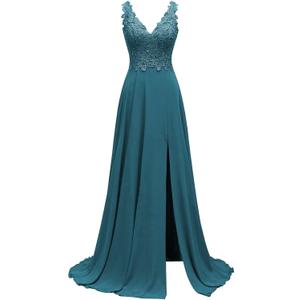 homdor Lace Appliques Chiffon Bridesmaid Dresses 2026 Long Beaded Prom Dress A Line Formal Gowns with Slit for Women Color: Peacock, Size 26