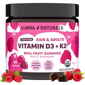 Llama Naturals Vitamin D3, Vegan, Organic Immune Support Supplement, Vitamin D Gummies for Adults and Kids, Real Fruit Gummy Vitamins, Promotes Bone Health, No Added Sugar Cane, Raspberry, 60 Ct, Best By 10/2027