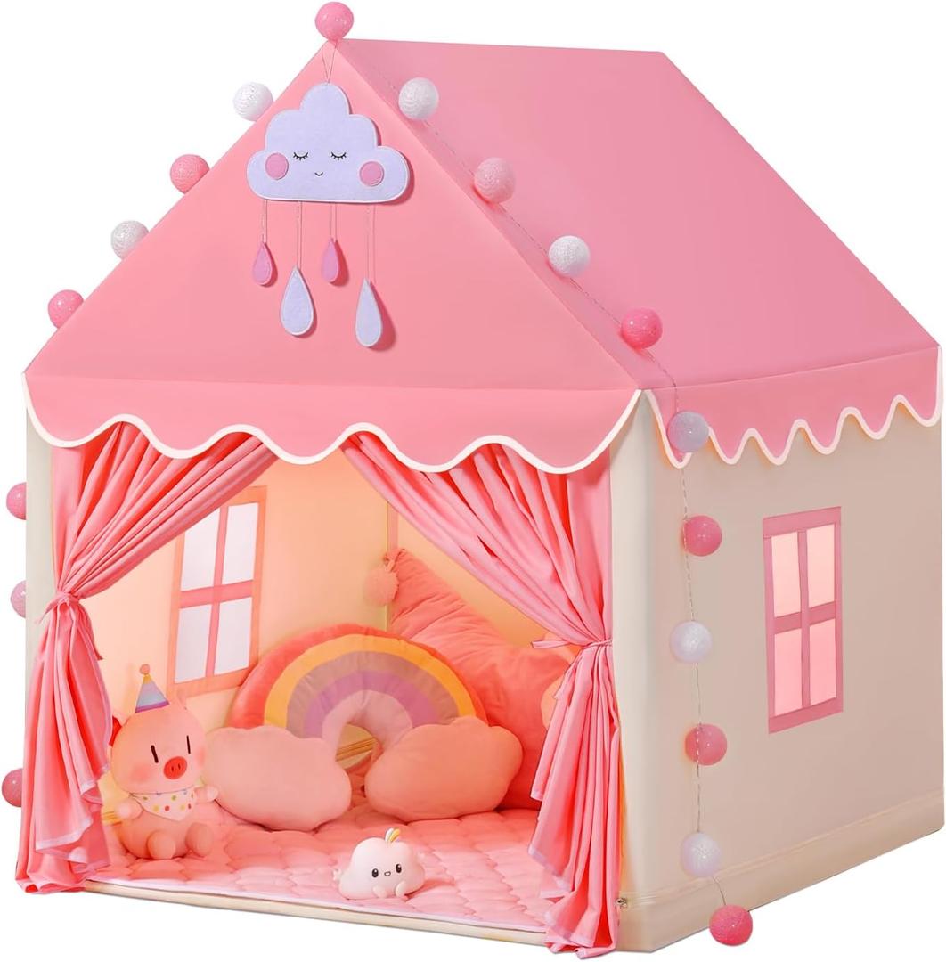 SISTICKER Kids Play Tents for Girls Large Fairy Playhouse for Kids Princess Castle Tent Gift Toys for Girl Toddler Children Play House (Pink) (Pink Tent with mat) 47x41x51Inches