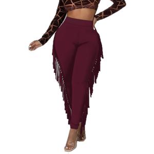 LYANER Women's High Waist Fringe Jogger Sweatpants Tassels Side Bodycon Pants (Burgundy#)