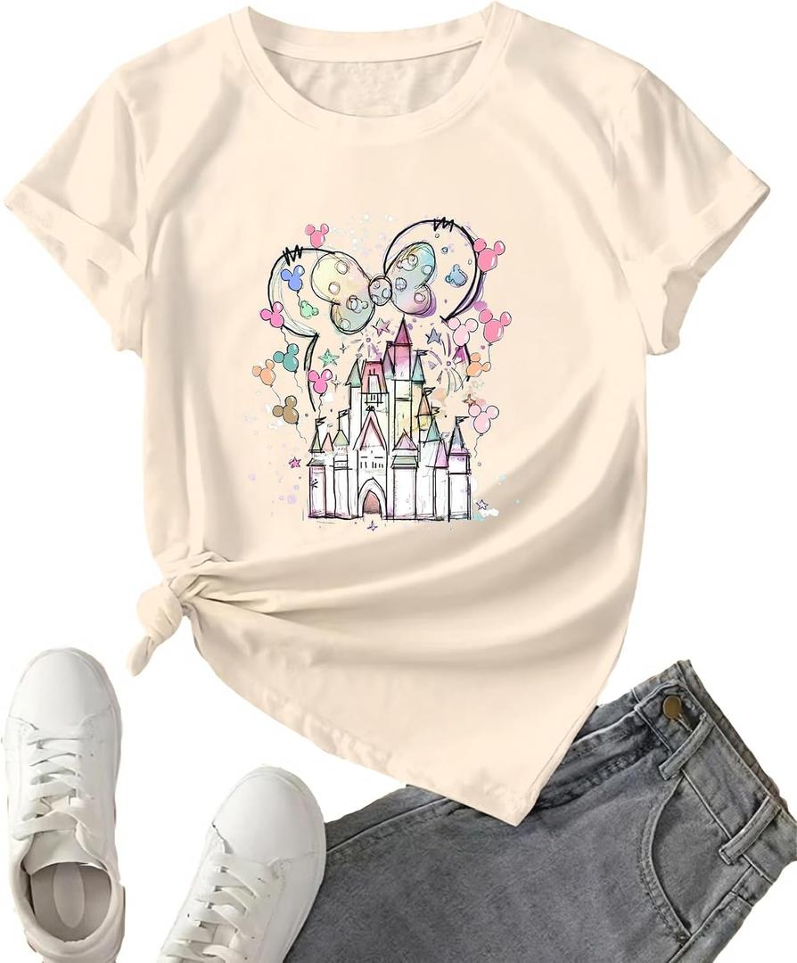 Magic Castle Shirt for Women Cute Magic Kingdom Graphic Print Holiday Vacation Weekend Tee Tops (Yellow, S)