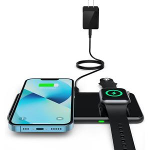 2 in 1 Wireless Charger, 15W Dual Wireless Charging Pad for iPhone 15/15 Pro/14/14 Pro/13/13 Pro/12/12 Pro/11/X, Samsung S23/S22/S21, Airpods 3/2/Pro, iWatch 8/7/6/SE/5/4/3/2(with QC 3.0 Adapter) (Black)