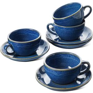 LE TAUCI 8 oz Cappuccino Cups with Saucers, Set of 4, Large Ceramic Coffee Cup Set for Au Lait, Flat White, Latte, Cafe Mocha, Tea, Embossed - Ceylon Blue