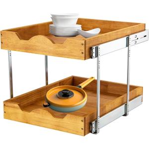 DINDON 2 Tier Pull Out Cabinet Organizer (14" W x 18" D) Slide Out Wood Drawer, Two Tier Sliding Shelf Organization and Storage