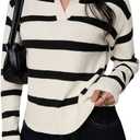 Verdusa Women's Striped Pullover Sweater Old Money Knit Tops Collared V Neck Jumpers Spring Fall Clothes (L)