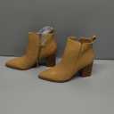 Juliet Holy Women's V Cut Ankle Boots Pointed Toe Stacked Chunky Heel Side Zipper Leather Cutout Western Booties, Beige, Size 9