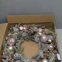 YULETIME 24" Christmas Wreath, Artificial Holiday Wreath with Baubles, Berries, Leaves, Spruce Branches, Snowy Pine Needles (Pink Bauble)