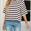 IWOLLENCE Women's Loose Casual Summer Striped Tops Crewneck 1/2 Short Sleeve Color Block Tee Oversized Cropped Shirts (M)