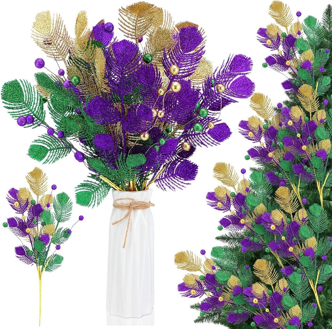 6 Pcs Mardi Gras Decorations Tables Centerpieces Purple Gold Green Picks and Sprays 15.8 Inch Artificial Feather Ornaments for Carnival Tree Topper Vase Home Decor DIY Crafts