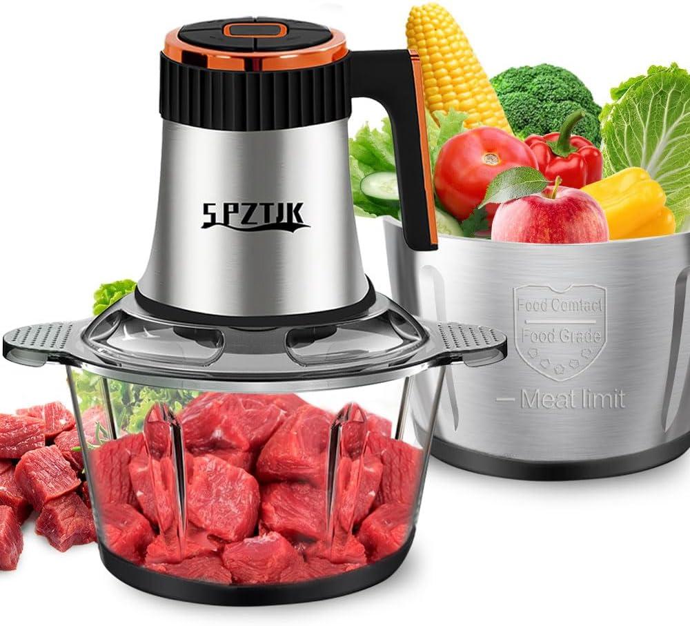 Food Processors, 5-Speed Electric Food Chopper with Vegetable Chopper & Meat Grinder - 2 Bowls (8 Cup Stainless Steel+8 Cup Glass), 300W, 2 Sets of 4 Bi-Level Blades for Vegetable/Fruits/Meat