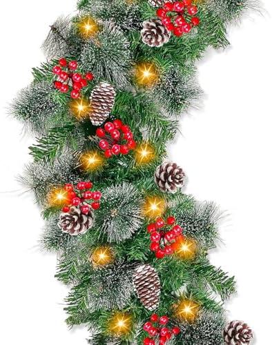 6 Ft by 10 Inch Pre-lit Artificial Christmas Garland with 30 Warm Lights Timer Battery Operated 150 Snowy Bristle Pine Branches 56 Red Berries 8 Pinecones Xmas Decor for Home Indoor Mantle Fireplace