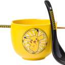 Silver Buffalo Pokemon Pikachu Electric Ceramic Ramen Noodle Rice Bowl with Chopsticks and Spoon, Microwave Safe, 20 Ounces