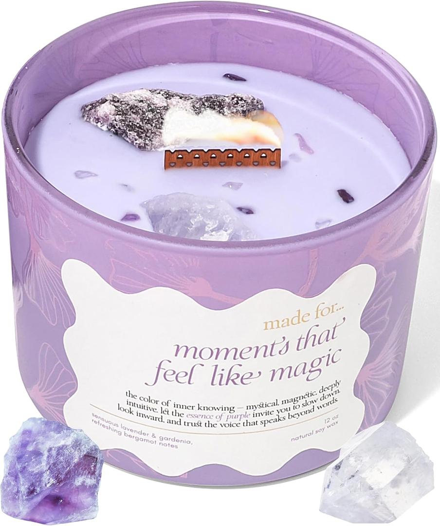 Purple Crystal Candle for Women - 12oz Large Wood Wick Candle with Natural Soy Wax. Luxurious Slow Burn for Meditation with Crystals and Healing Stones. Gift for Birthday, Christmas, Valentines Day