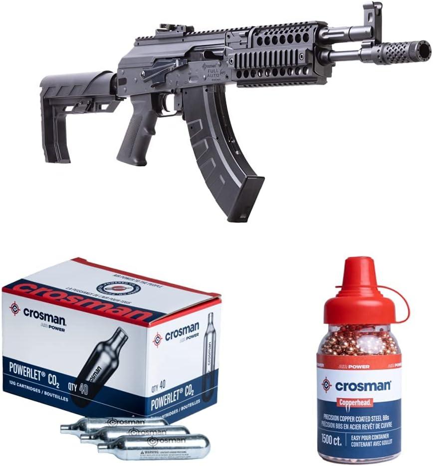 Crosman CAK1 Full or Semi-Auto CO2-Powered 4.5mm BB Air Rifle, Black + Crosman 12gm CO2 Powerlet Cartridges + Crosman Copperhead 4.5mm Copper Coated BBS in EZ-Pour Bottle (1500-count)