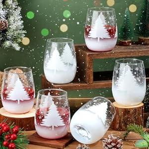 Nitial 6 Pcs Christmas Wine Glasses 14.2 oz White Christmas Wine Glasses Winter Snow Drinkware Set Stemless Drinking Glass Cups for Xmas Birthday New Years Gifts