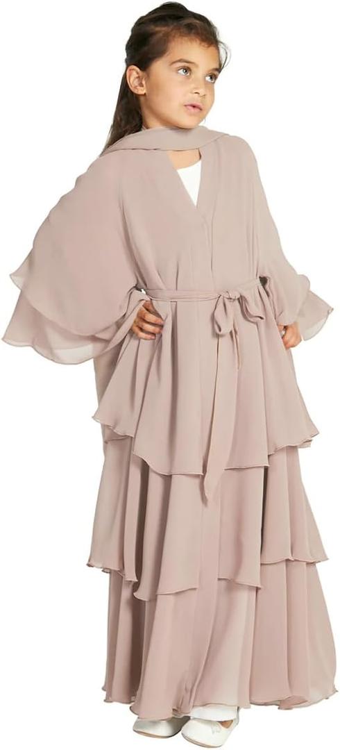 IBTOM CASTLE Girls Muslim Dress Open Front Cardigan Robe Three-layered Chiffon Kaftan Islamic Abaya Kimono Dubai Maxi Dress 9-10Y