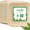 ECOLipak 6 Inch Compostable Palm Leaf Plate Like Bamboo Plate, 50 Pack Disposable Biodegradable Plates Suitable for Party, Dinner