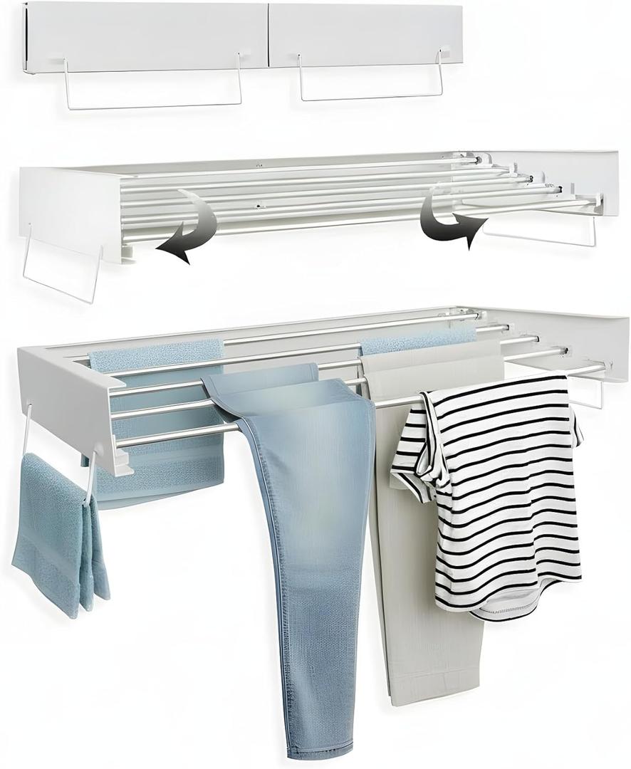 Wall Mounted Clothes Drying Rack  Space-Saving Laundry Dryer for Clothing with 2 Towel Rails, 3 Hangers & 6 Pegs Inc |Collapsible Wall Drying Rack | Indoor & Outdoor Use, 31.5 Inches