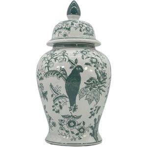 Galt International Veridian Parrot Floral Chinoiserie Ceramic Temple Jar 18" w/Lid - Ginger Jar Home & Kitchen Decor for Interior Design - Veridian Green