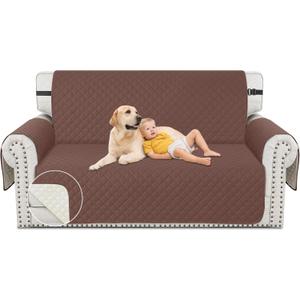XINEAGE Loveseat Sofa Cover Waterproof Couch Covers for 2 Cushion Couch, Soft Washable Slipcover with Pockets & Non-Slip Elastic Straps, Thick Furniture Protector (Loveseat, Coffee)