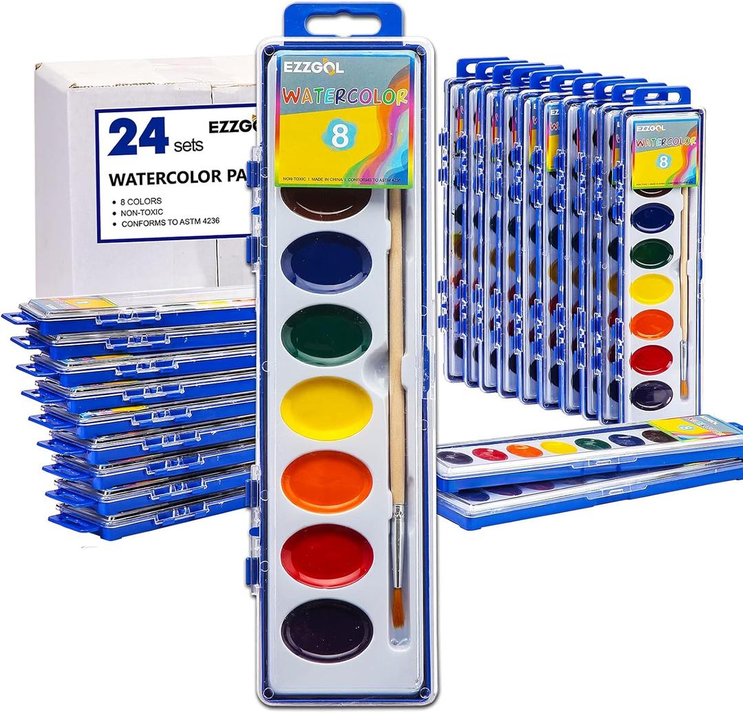 Ezzgol Watercolor Paint Sets Bulk Pack of 24, 8 Colors Washable Paint Sets for Kids, Quality Water Color Wooden Brushes, Perfect for Preschool Classroom