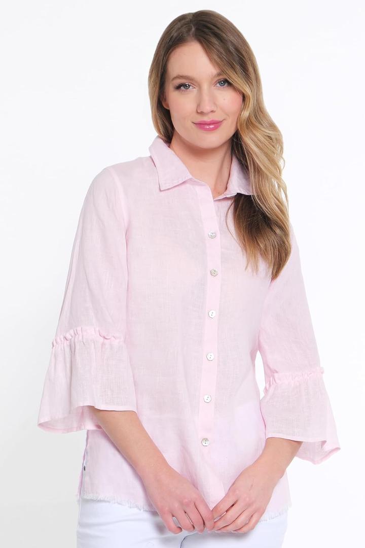 john mark Women's Button Front Tunic with Frayed Hem and Three Quarters Flounce Sleeves XS