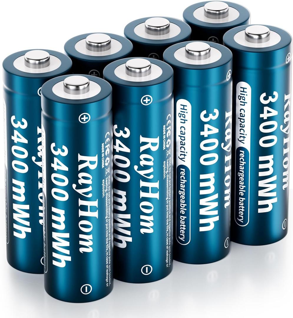 8 Pack AA Lithium Rechargeable Batteries, 3400mWh High Capacity, 1.5V Constant Output, 1600+ Cycles