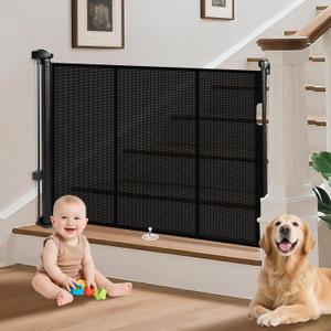 Retractable Baby Gates for Stairs, 55" Wide Retractable Dog Gate Pet Gate, 34" Extra Tall Child Safety Gate Toddler Mesh Gate with Support Rods for Doorways, Hallways, Deck, Porch, Indoor, Outdoor, Black