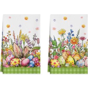 XCHI Bunny Ears Eggs Wildflowers Easter Kitchen Towels Dish Towels 18x26 Inch Home Kitchen Decorations Hand Towels Set of 2 Drying Dishcloth