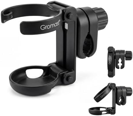 Gromast Foldable Stroller Cup Holder, 360°Rotatable with Adjustable Clip, Universal Cup Holder for Stroller, Wheelchair, Bike, Walker, Scooter, Tricycle - Black
