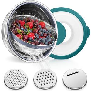 TeamFar 4-1 Colander with Bowl Set, Rotatable Colander for Kitchen, Stainless Steel Food Strainers and Colanders Mixing Bowl with Graters, for Veggies Fruits Washing, Pasta Straining - Blue