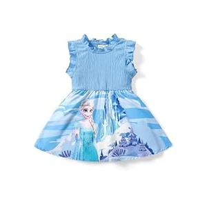 Disney Frozen Elsa Toddler Girl Dress Light Blue Ruffle Sleeve Casual Summer Smocked Sundres Kids Birthday Party Outfits Clothes 4-5T