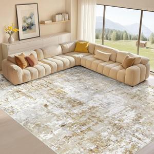 8x10 Rug for Living Room : Soft Abstract Washable Non-Slip Durable Rugs, Neutral Modern Indoor Carpet for Bedroom Dining Room Home Office - Yellow Brown