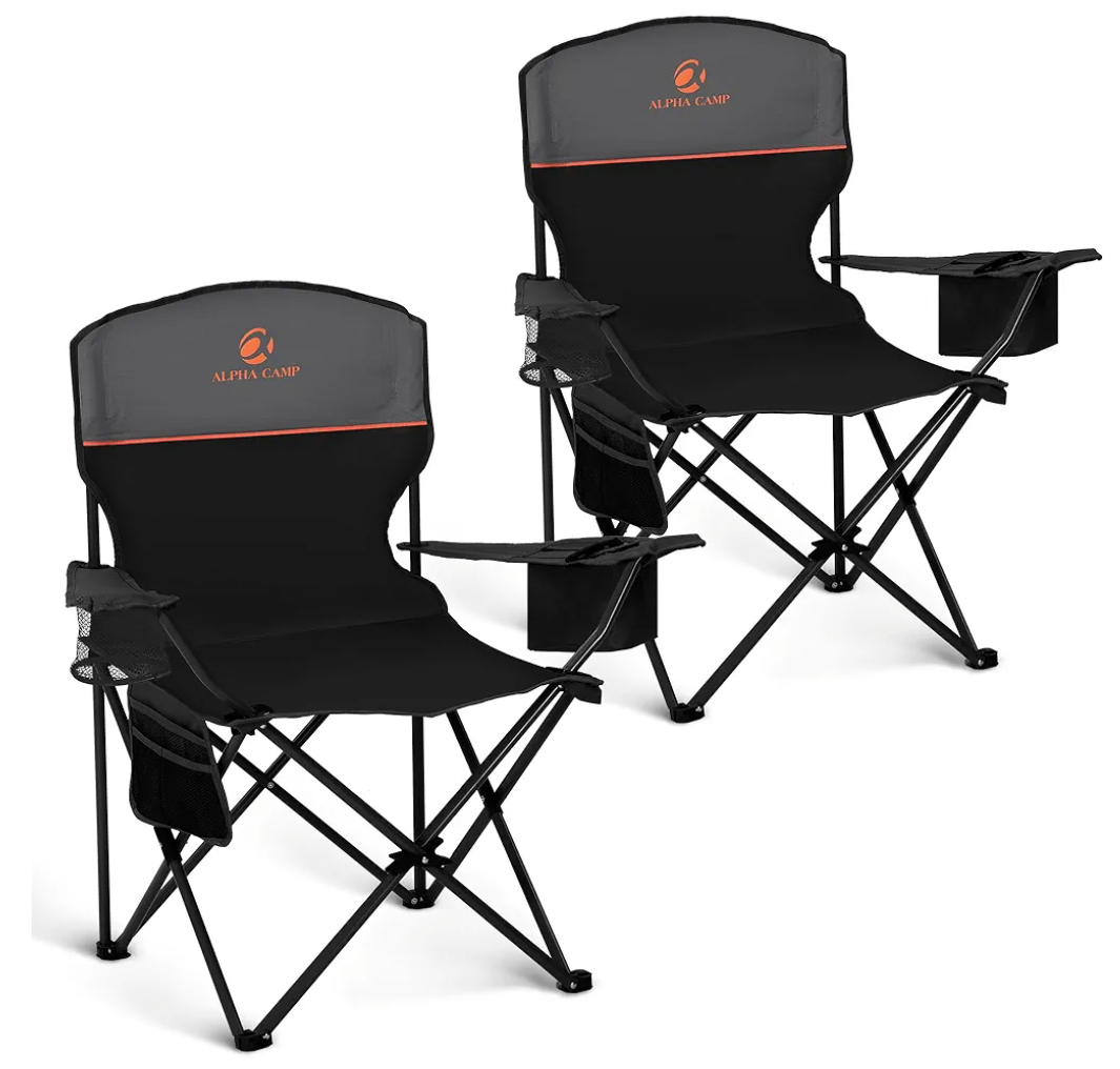 ALPHA CAMP Camping Chair 2 Pack Portable Chair with 3-Can Cooler Folding Chair with Side Pocket and Cup Holder, Collapsible for Camping, Tailgates, Beach, Fishing and Sports,2PC