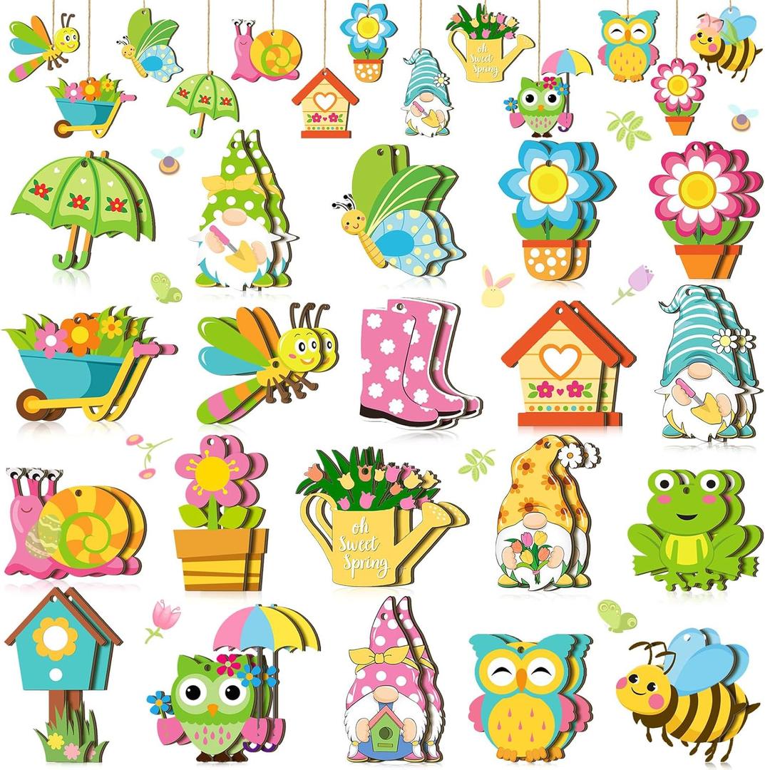 GlikCeil 40 Pcs Spring Flower Ornaments Spring Tree Ornaments Wood Easter Tree Decorations Butterfly Flower Gnome Hanging Decorations for Holiday Easter Party Home Decoration