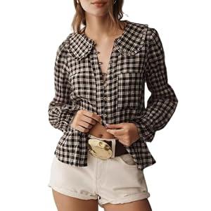Women Peter Pan Collar Plaid Gingham Blouse Tops Y2k Puff Long Sleeve Ruffle Button Down Up Checkered Babydoll Shirts Anthropologies Inspired Dupes Black, Small 