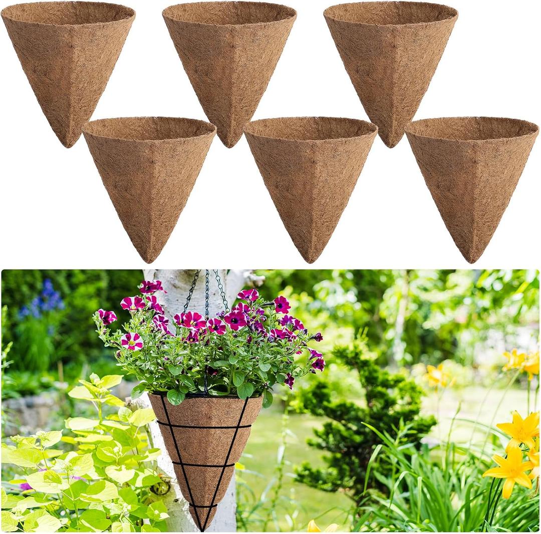 BreezeHug 6 Pieces Cone Shaped Coco Liner 12 Inch Coco Moss Liner Coconut Planter Basket Liners for 12" Hanging Cone, Basket, Garden, Plant, Brown