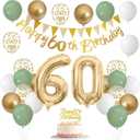 60th Birthday Decorations for Men Women, Sage Green White Gold Balloons With Happy 60th Banner, Cake Topper, Number 60 Foil Balloon for 60 Year Old Party Decoration