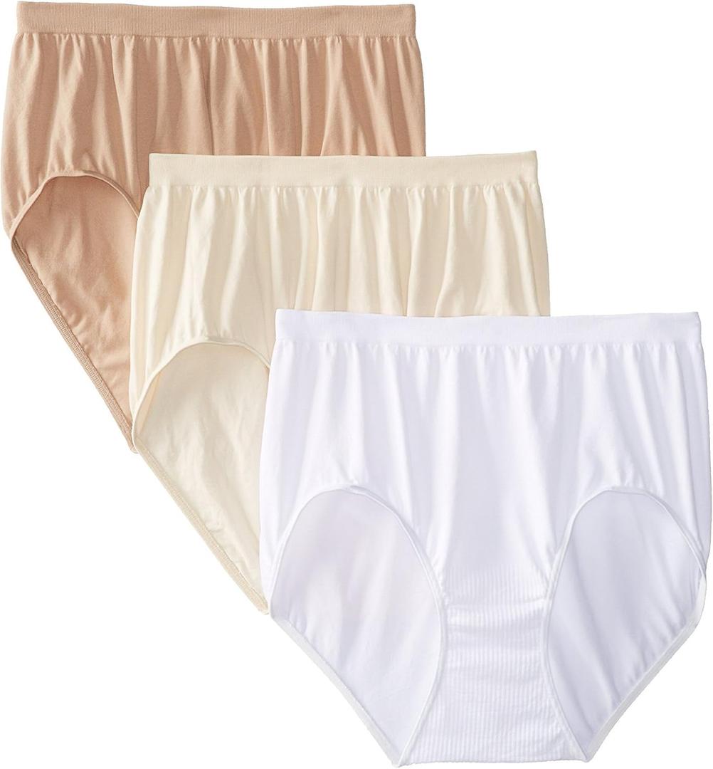 Bali Women's Comfort Revolution Seamless Brief Underwear, Microfiber Stretch Panty, 3-pack (11, White/Nude/Light Beige)