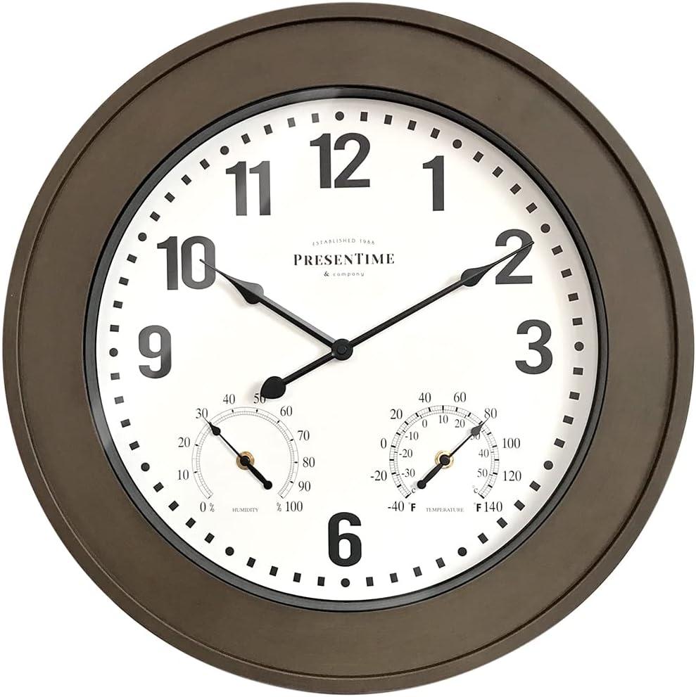 Presentime & Co. 20" Bradford Indoor/Outdoor Farmhouse Clock with Weather Station, Faux Barnwood Finish