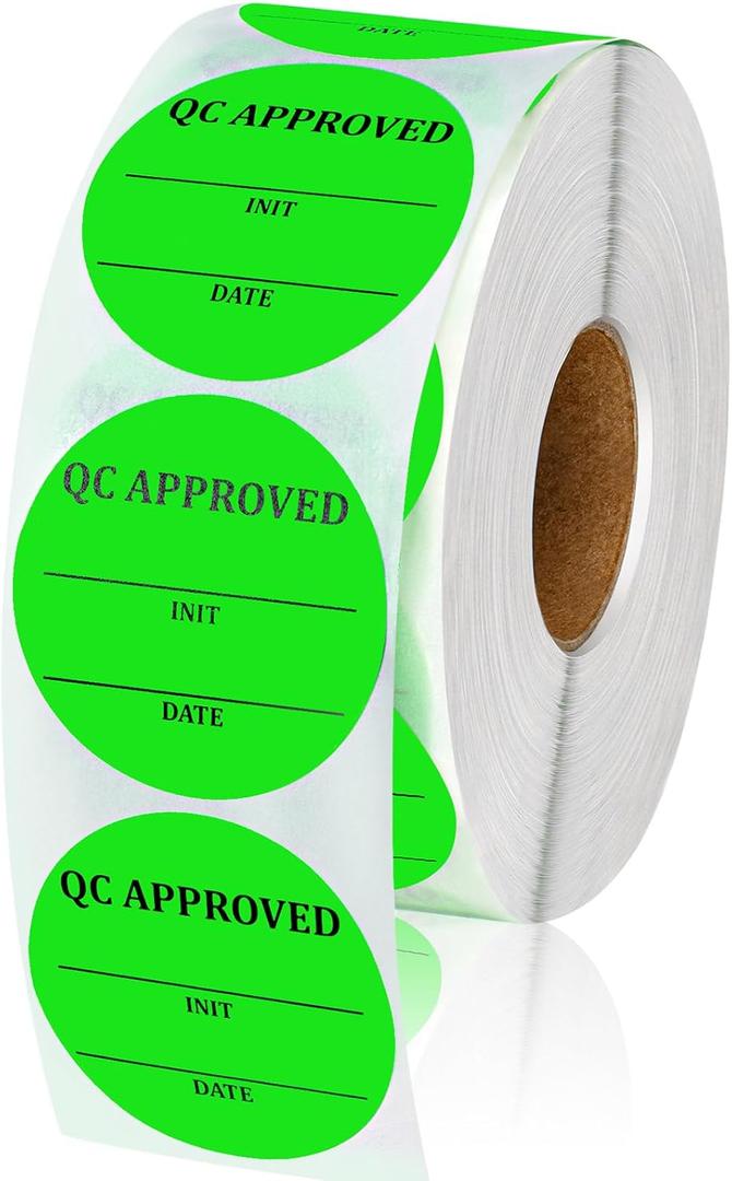 Gueevin 1 Roll/1000 Pcs 2 Inch Quality Control Inventory Labels Writeable QC Inventory Approval Stickers Fluorescent Green Permanent Adhesive Inventory Stickers for Shipping Warehouse Organization