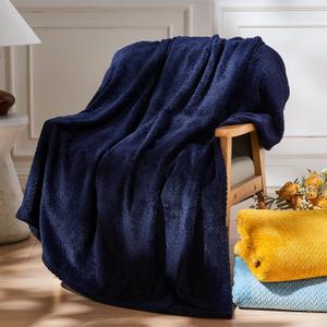 NEWCOSPLAY Super Soft Throw Blanket Dark Navy Premium Silky Flannel Fleece Leaves Pattern Lightweight Bed Blanket All Season Use (Dark Navy, Throw(50"x60"))