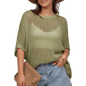 UEU Womens Summer Crochet Tops Hollow Out Cap Sleeve Cover Up Tank Top Pullover Sweater Vest Beach Vacation Clothes, Medium