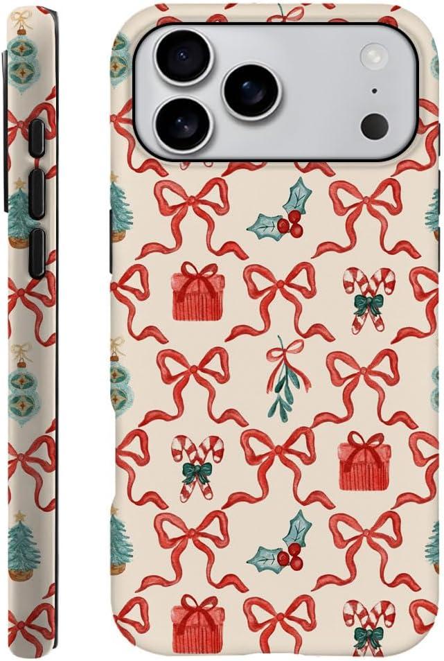 Case Compatible with iPhone 17 Pro Max - Hybrid Durable Shockproof Phone Cover,Cases for Woman Girl - Red Green Christmas Scroll Bow