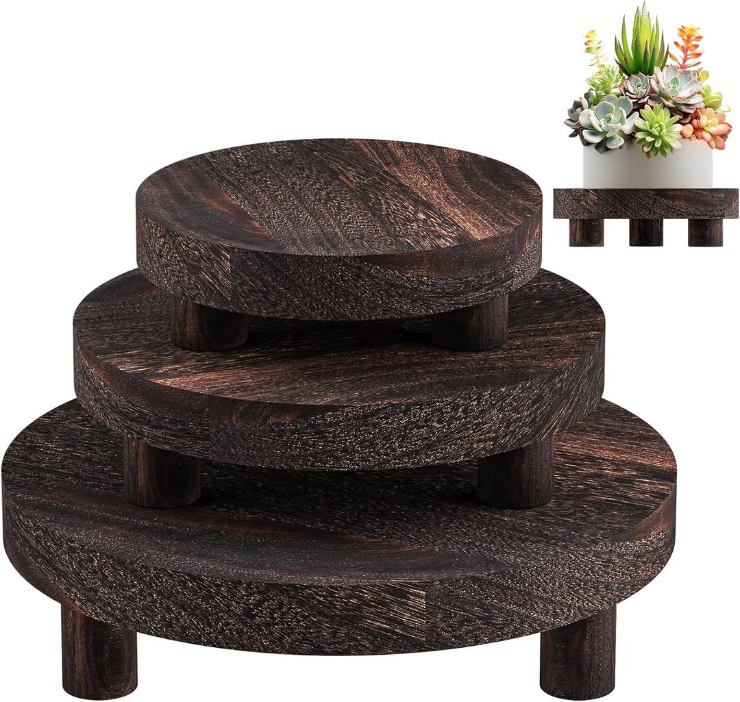 3 Pcs Wood Plant Stand Indoor Outdoor, Round Wood Riser for Decor 6/8/10" Wooden Stool Display Stand Flower Pot Holder Small Planter Tray Modern Potter Decorative for Desktop Counter Room (Rustic Brown)