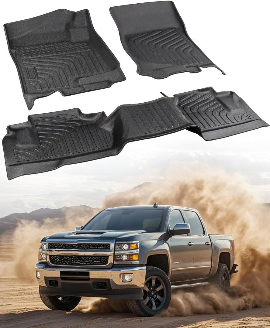All Weather Floor Mats for Chevy Silverado 2007-2013 & for GMC Sierra 1500 Extended Cab 2007-2013; for GMC Sierra 2500/3500 2007-2014; Waterproof TPE Floor Mats for Chevy Silverado Accessories