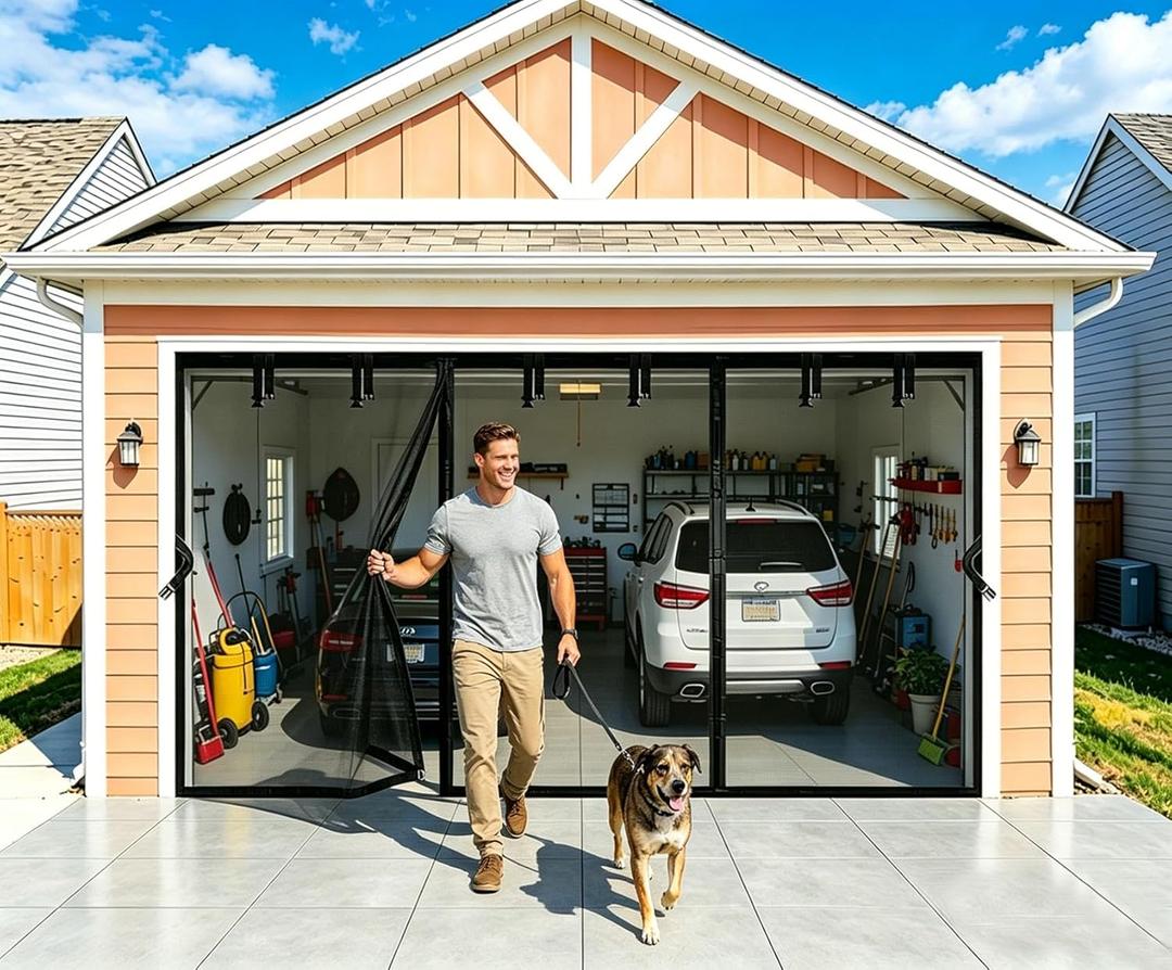 Garage Door Screen for 2 Car Garage 17x7 FT - Magnetic Retractable Fiberglass Mesh 17x7ft & Heavy Duty Weighted Bottom, Include Screws & Repair Patches - Easy Assembly for Patio Workshop Gym