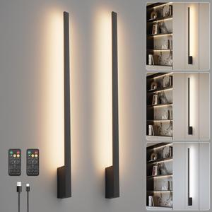 Aipsun Black Battery Operated Wall Sconces 2 Packs, Dimmable Rechargeable Wall Sconces, LED Wireless Stepless Dimming Wall Lights for Living Room, Hallway, Bedroom 39.4 Inch