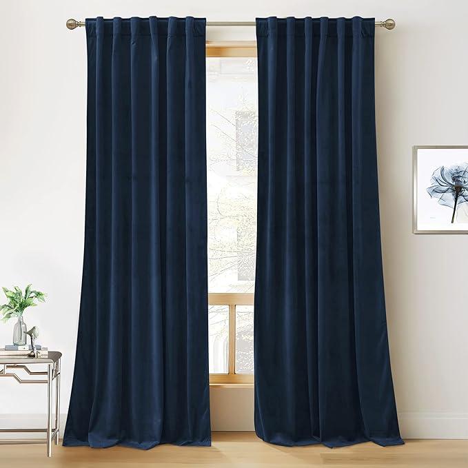 RYB HOME Navy Blue Velvet Curtains 80 inches, Back Tab Soft Fabric Room Darkening Thermal Insulated Luxurious Home Decor Curtains for Living Room Bedroom, W 52" x L 80", 2 Panels Set
