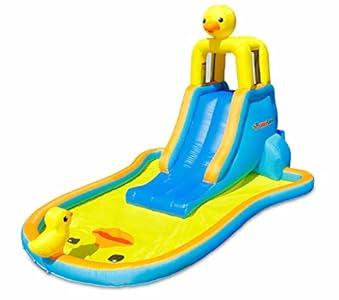 Bounceland Ducky Splash Water Slide with Pool, 16.2 ft L x 10 ft W x 8.6 ft H, UL Strong Blower included, splash pool, safe climbing wall, 7.38 ft fun slide, rubber ducky water spray, safe netting